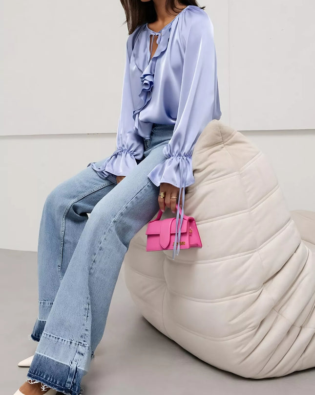 Ruffle Trim Satin Flounce Sleeve Blouse