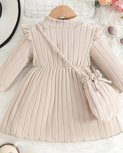 Children's Ribbed Knit Ruffle Trim Dress with Bag Apricot