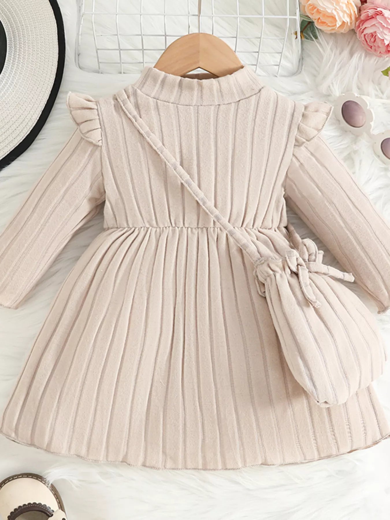 Children's Ribbed Knit Ruffle Trim Dress with Bag Apricot