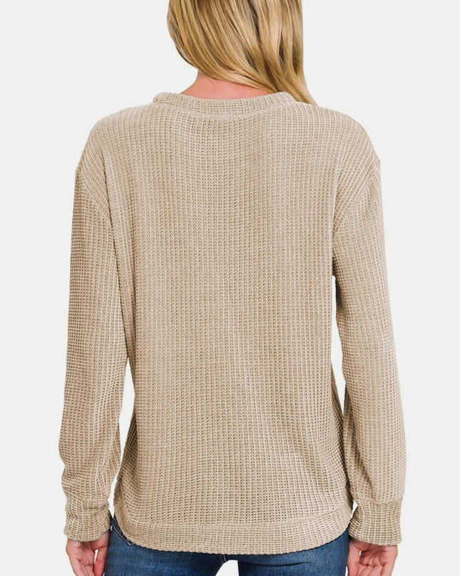 Zenana Chenille Waffle Round Neck Sweater