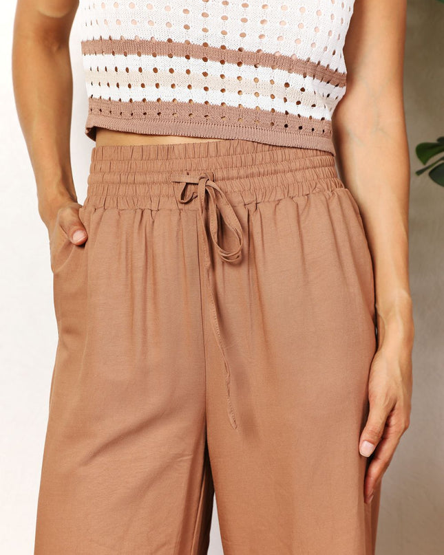 Double Take Drawstring Smocked Waist Wide Leg Pants