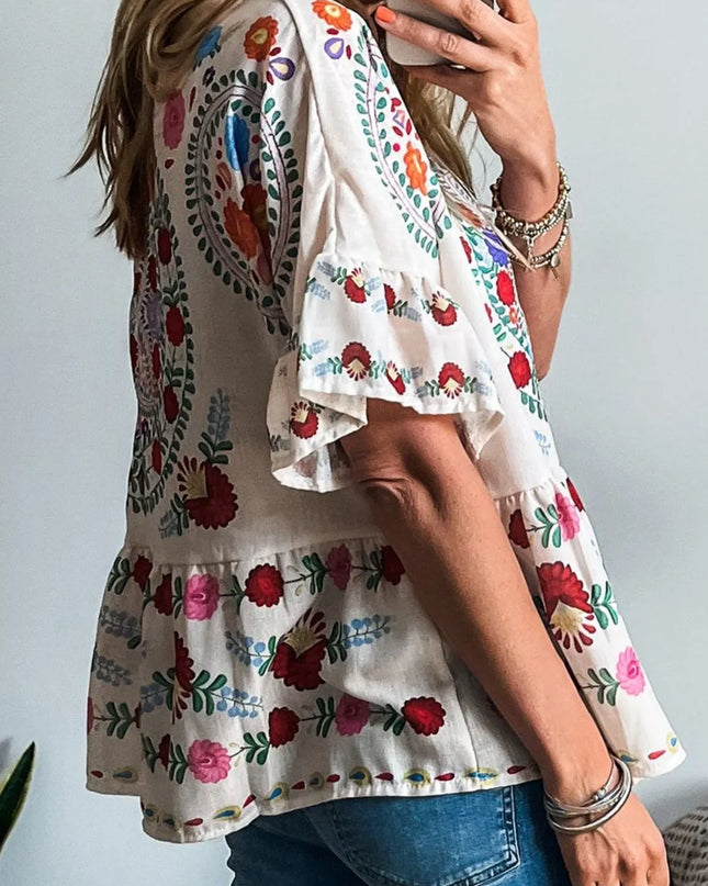 Floral Print Round Neck Ruffle Trim Blouse