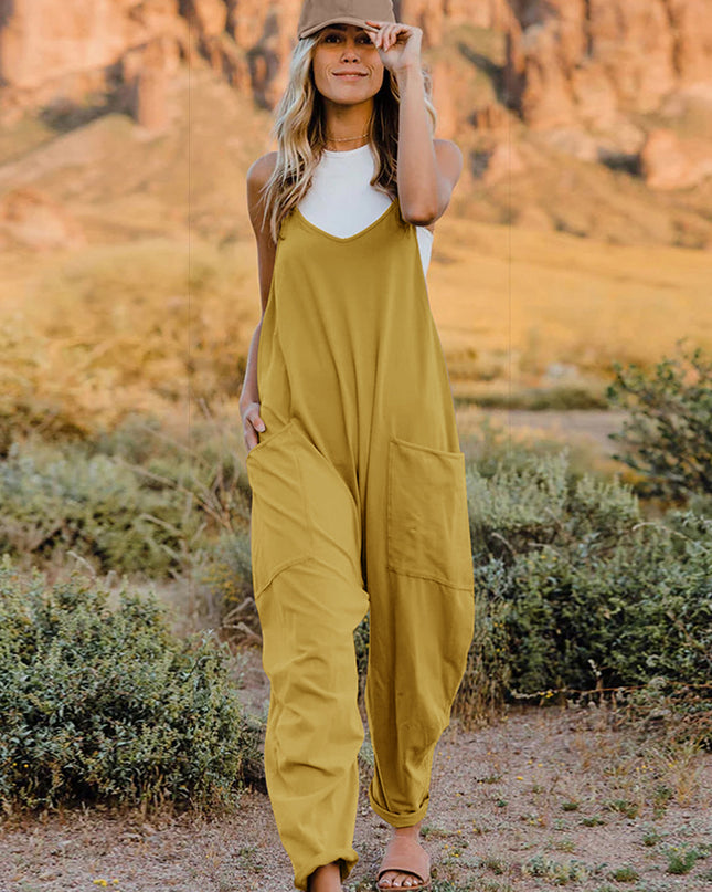 Double Take Full Size Sleeveless V-Neck Pocketed Jumpsuit Yellow