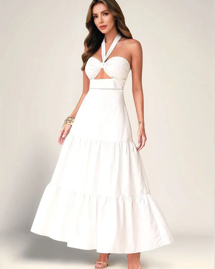 Twist Front Cutout Tiered Maxi Dress White