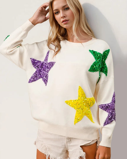 Double Take Sequin Star Round Neck Dropped Shoulder Sweater White