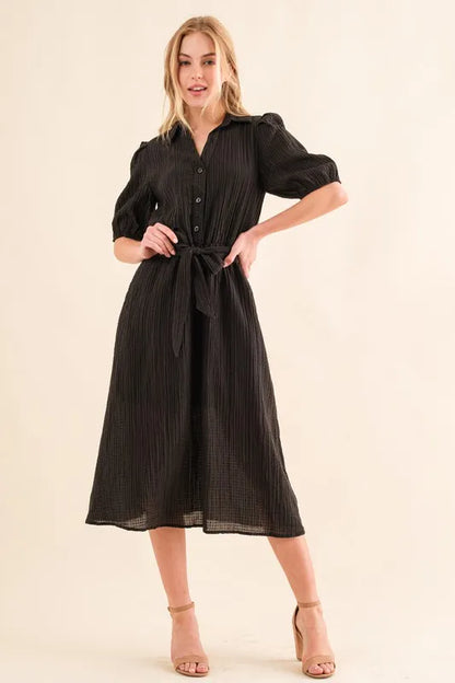 And The Why Waffle Textured Ribbon Waist Midi Dress Black