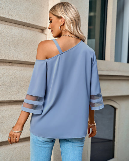 Asymmetrical Neck Sheer Striped Flare Sleeve Blouse