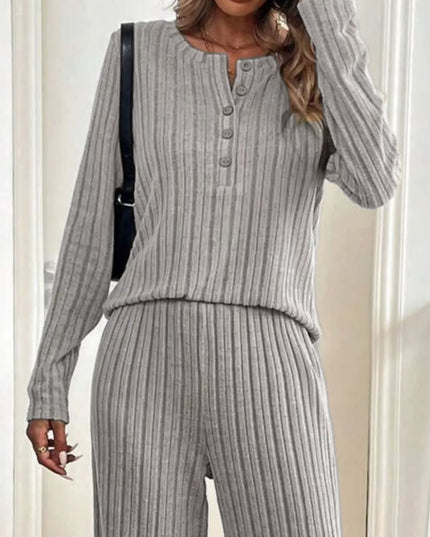 Button Detail Long Sleeve Top and Pants Set