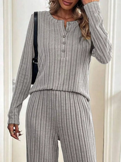 Button Detail Long Sleeve Top and Pants Set