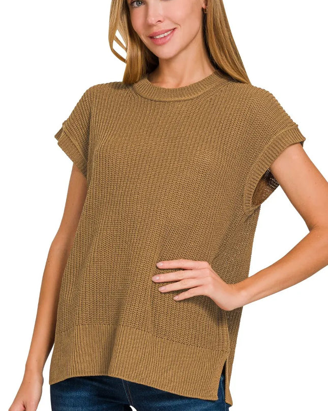 Zenana Oversized Crew Neck Sweater DEEP CAMEL
