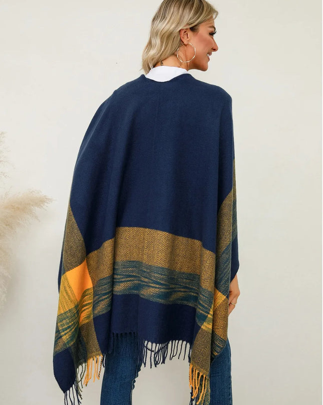 Fringe Contrast Plaid Poncho