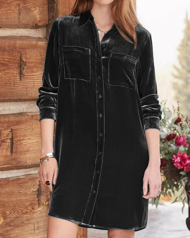 High-Low Button Up Long Sleeve Knee Length Dress