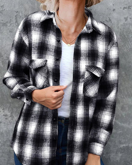 Full Size Plaid Button-Up Long Sleeve Shirt Plus Size Black