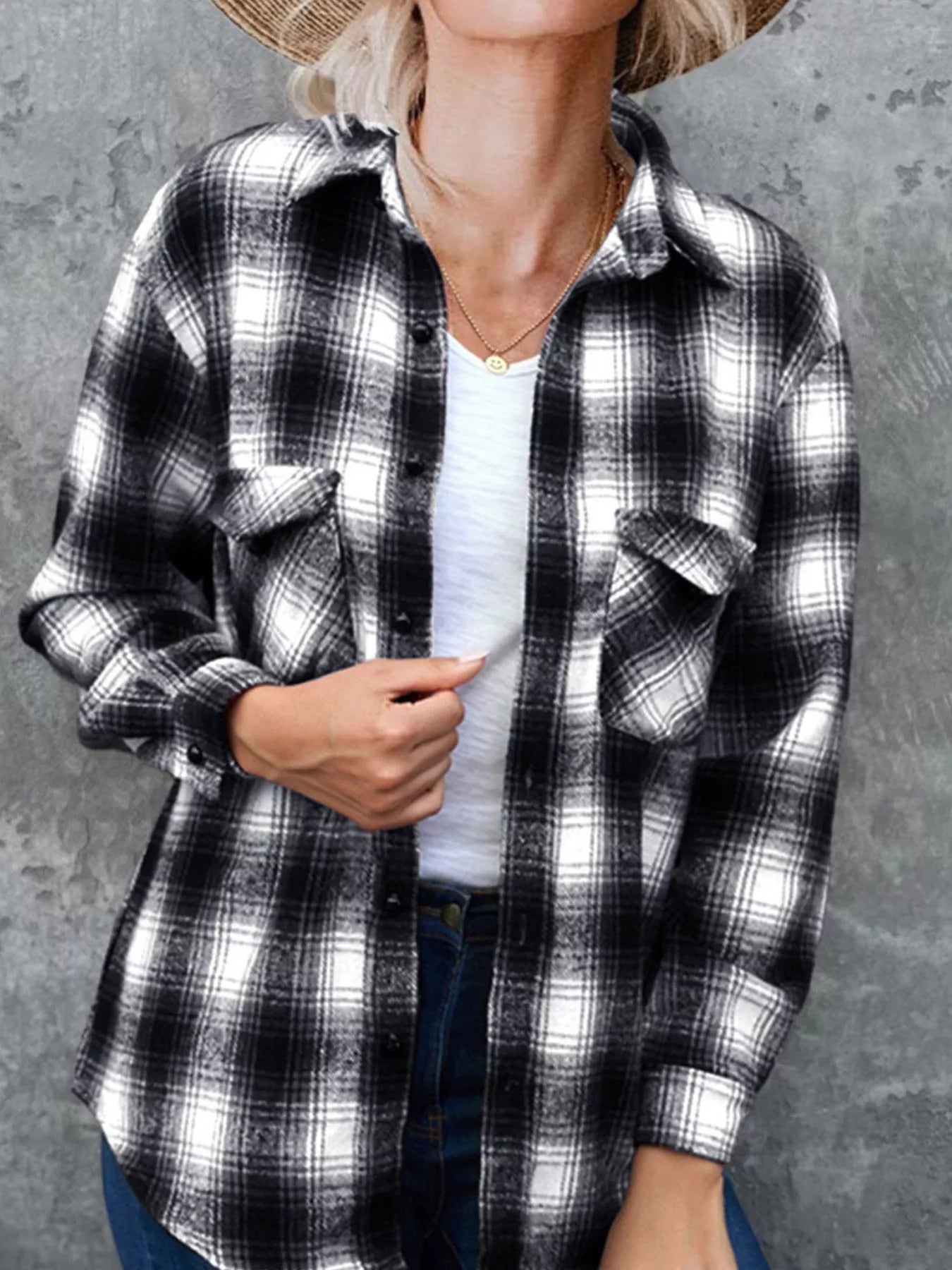 Full Size Plaid Button-Up Long Sleeve Shirt Plus Size Black