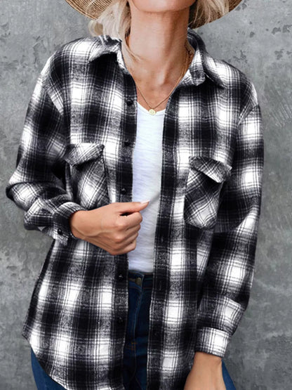 Full Size Plaid Button-Up Long Sleeve Shirt Plus Size Black