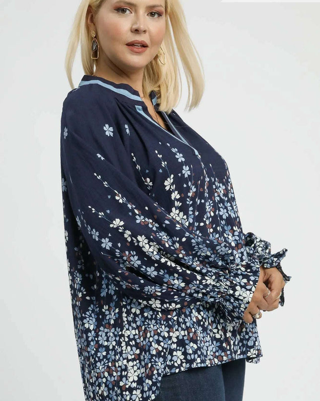 Umgee Full Size Floral Vine Print Blouse with Balloon Sleeves Plus Size