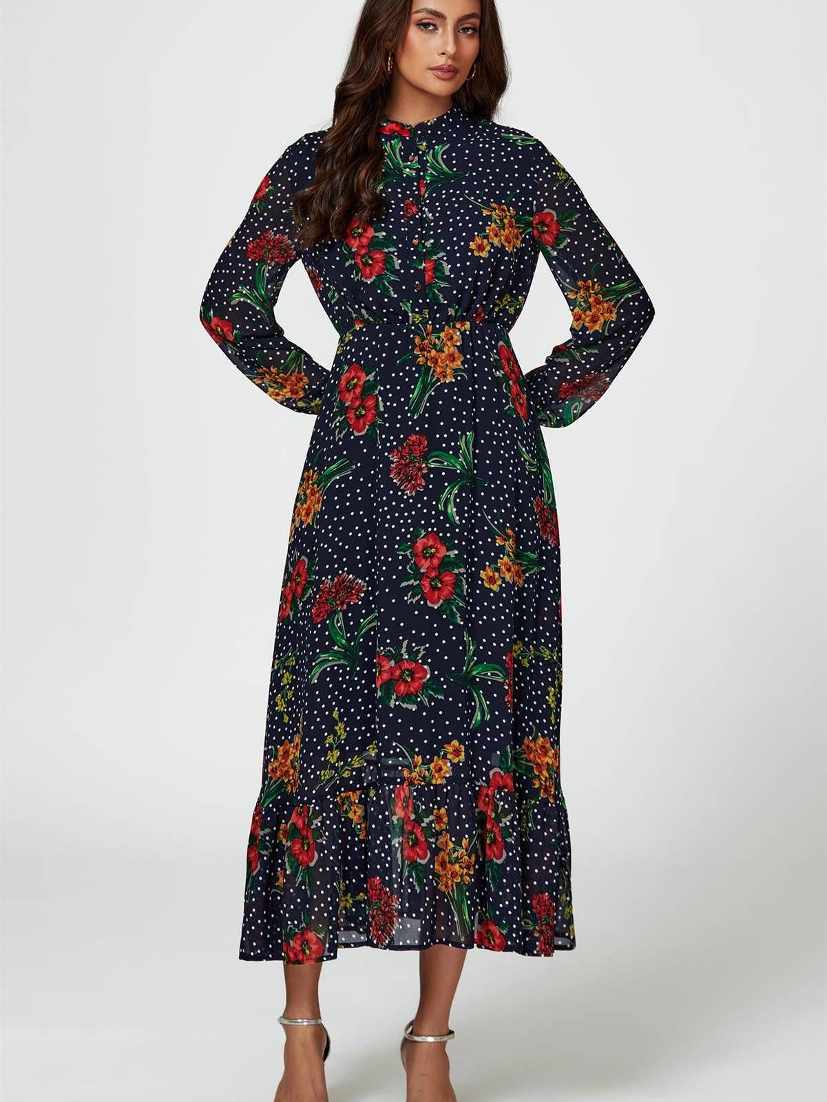 Floral Dot Print Maxi Dress in Navy
