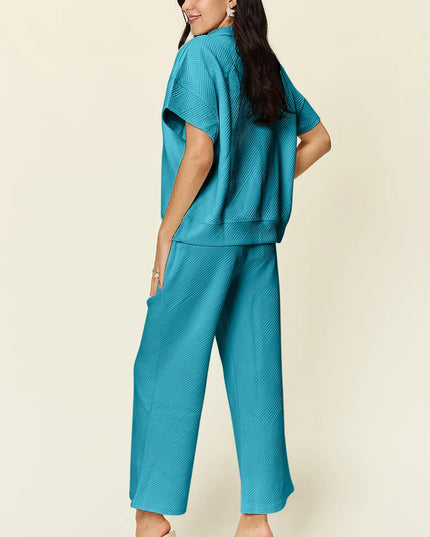 Double Take Full Size Texture Half Zip Short Sleeve Top and Pants Set