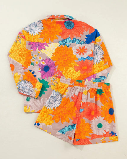 Printed Button Up Long Sleeve Top and Shorts Set