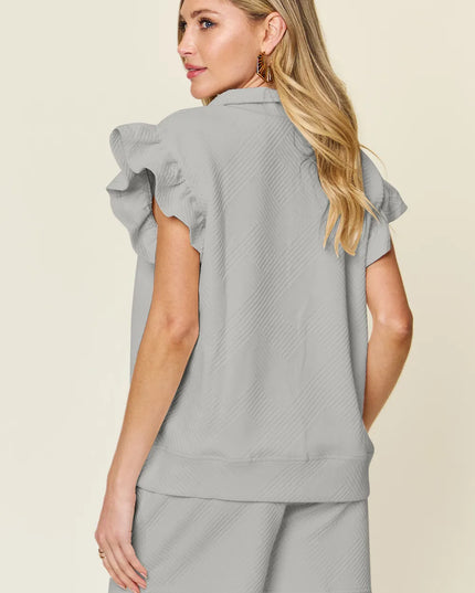 Double Take Full Size Texture Flounce Sleeve Top and Drawstring Shorts Set