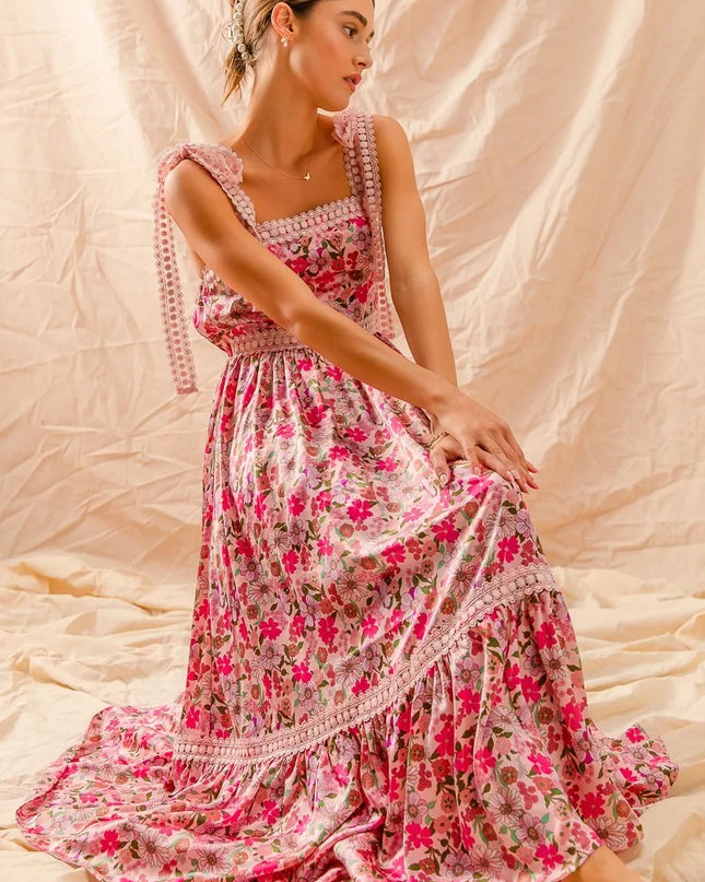 SO ME Floral Maxi Dress With Ribbon Tie Lace Strap