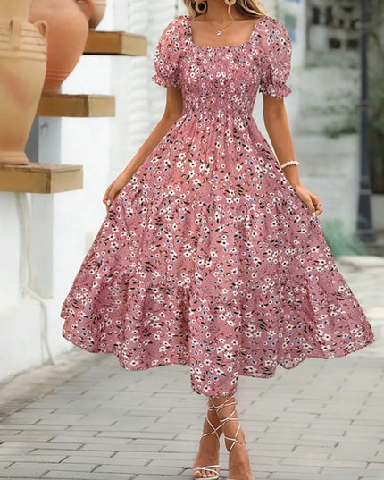 Floral Square Neck Short Sleeve Tiered Dress