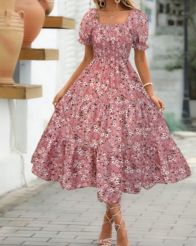 Floral Square Neck Short Sleeve Tiered Dress