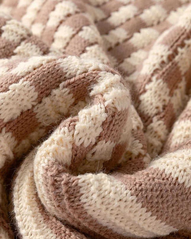 Stripe Checkerboard Drop Shoulder Balloon Sleeve Sweater