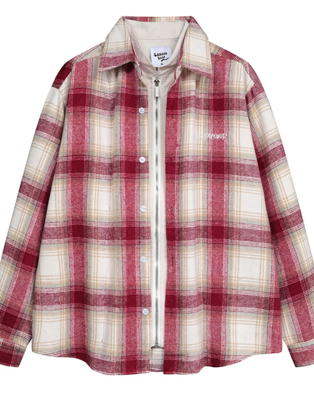 Men's Plaid Button Up Long Sleeve Jacket Red