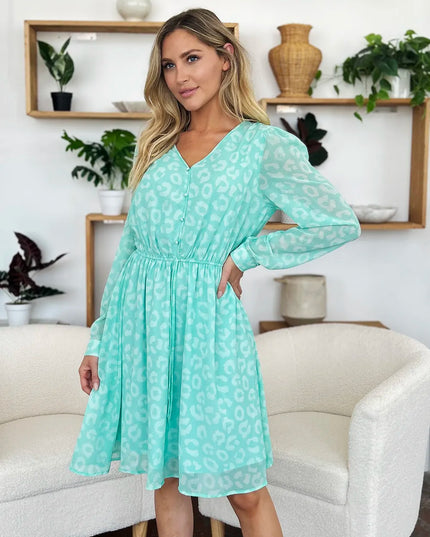 Double Take Full Size Printed Ruched V-Neck Long Sleeve Dress