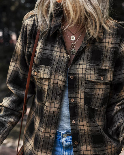Plaid Double Flap Pocket Brushed Shacket