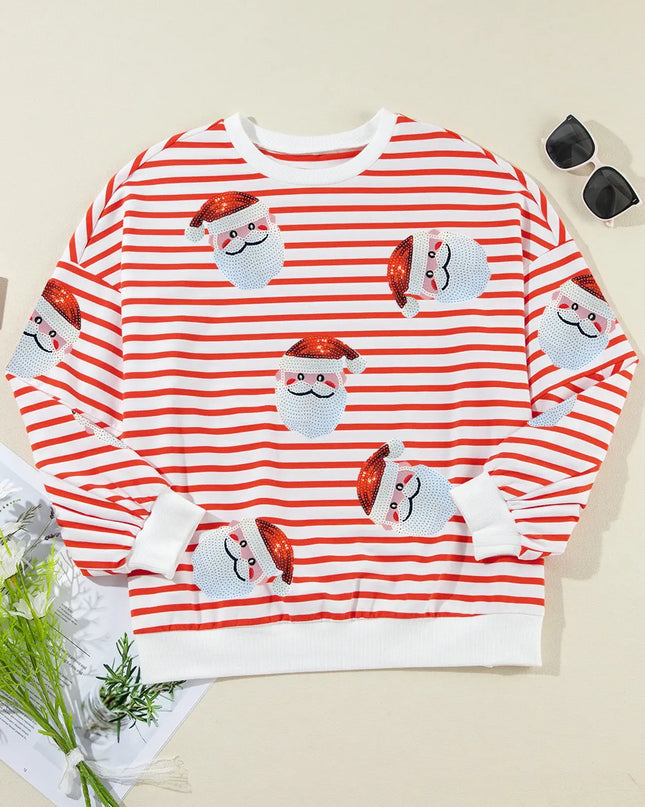 Sequin Santa Striped Round Neck Long Sleeve Sweatshirt