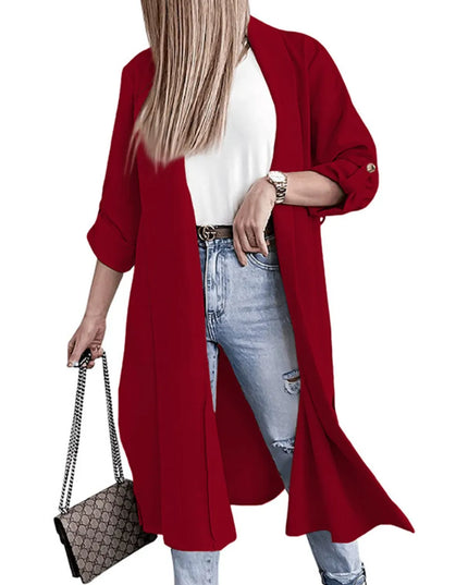 Slit Open Front Roll-Tab Sleeve Trench Coat 