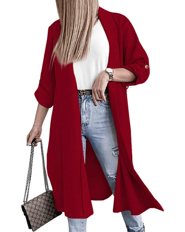 Slit Open Front Roll-Tab Sleeve Trench Coat 