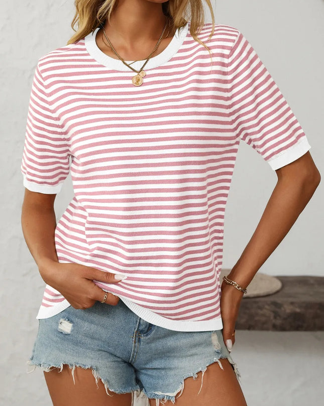Mandy Striped Round Neck Half Sleeve Knit Top Blush Pink