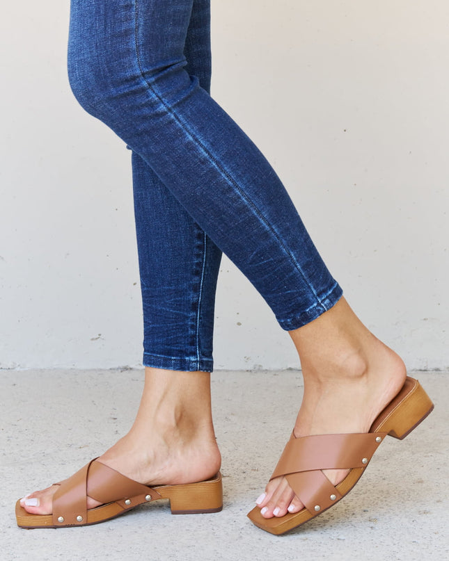 Weeboo Step Into Summer Criss Cross Wooden Clog Mule in Brown