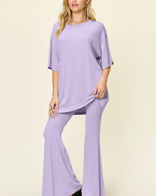 Double Take Full Size Round Neck Drop Shoulder T-Shirt and Flare Pants Set Lavender