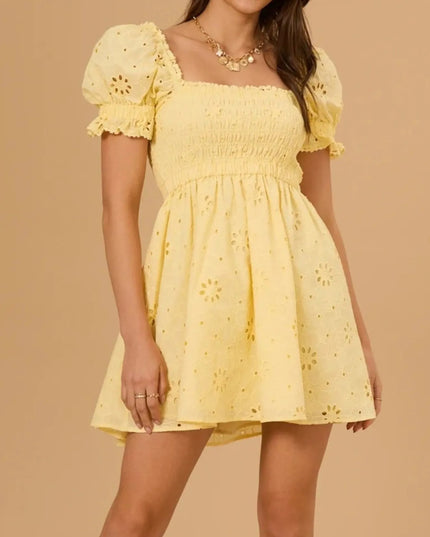 Eyelet Puff Sleeve Smocked Mini Dress