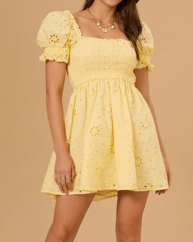 Eyelet Puff Sleeve Smocked Mini Dress