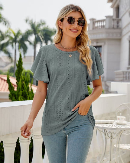Eyelet Flutter Sleeve Round Neck Top