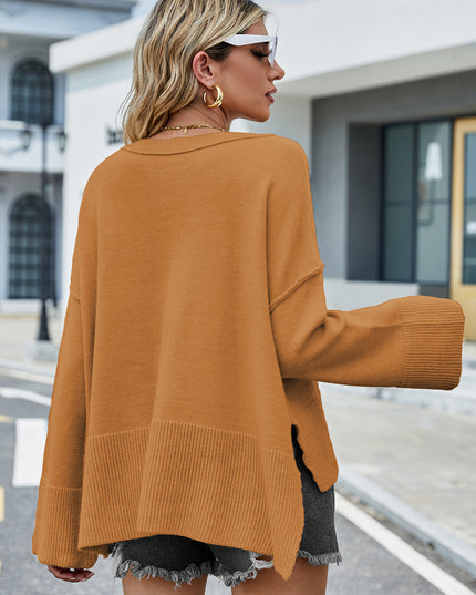 Round Neck Dropped Shoulder Slit Sweater