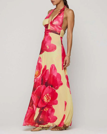 Floral Halter Neck Deep V Maxi Dress