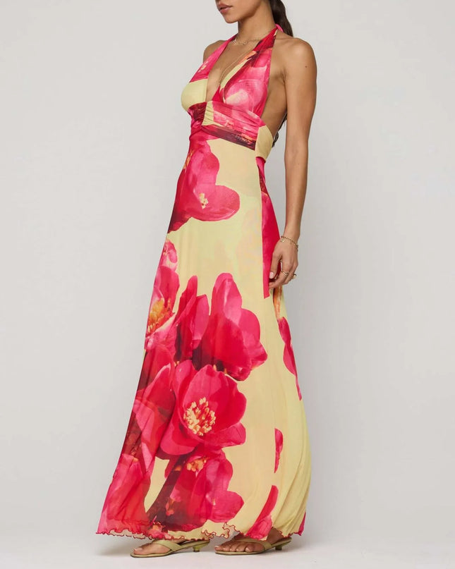 Floral Halter Neck Deep V Maxi Dress