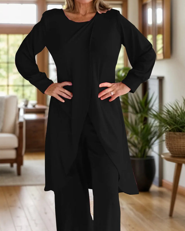 Full Size Slit Round Neck Long Sleeve Top and Pants Set Black