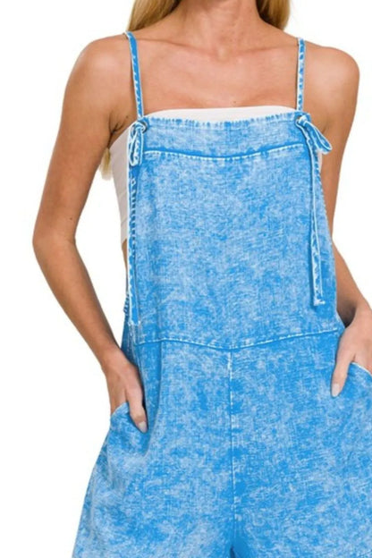 Zenana Washed Linen Knot Strap Rompers 