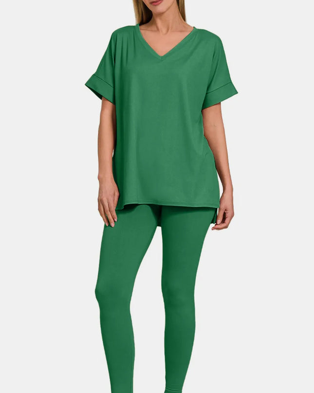Zenana Full Size V-Neck Rolled Short Sleeve T-Shirt and Leggings Lounge Set