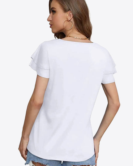 Tie-Neck Layered Flutter Sleeve Blouse