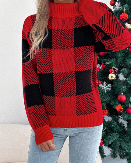 Christmas Plaid Long Sleeve Turtleneck Sweater