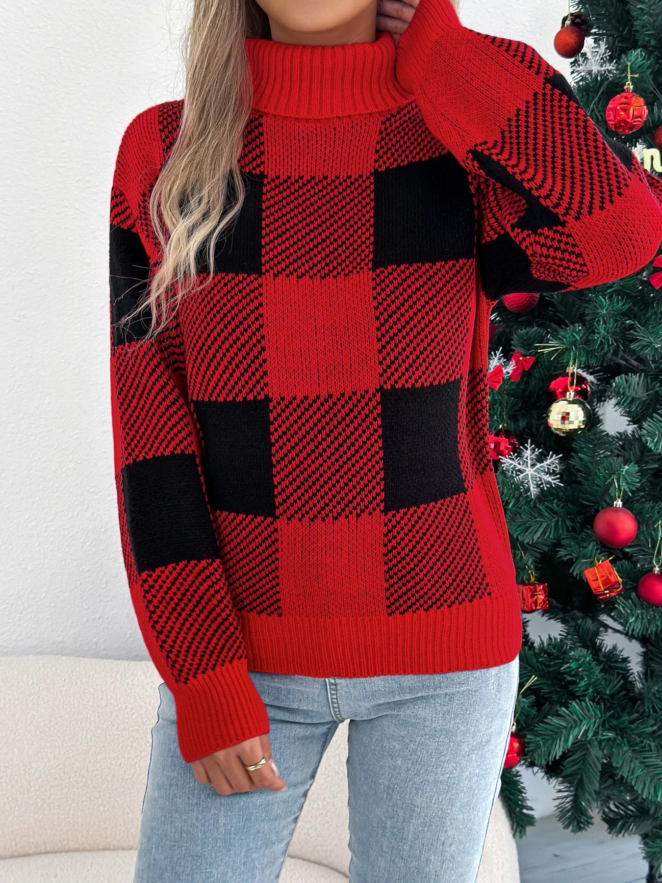 Christmas Plaid Long Sleeve Turtleneck Sweater