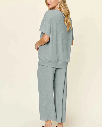 Double Take Full Size Texture Round Neck Short Sleeve T-Shirt and Wide Leg Pants